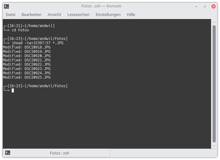 Терминал с пакетной командой JHead -ta для сдвига EXIF-времени и списком изменённых JPEG