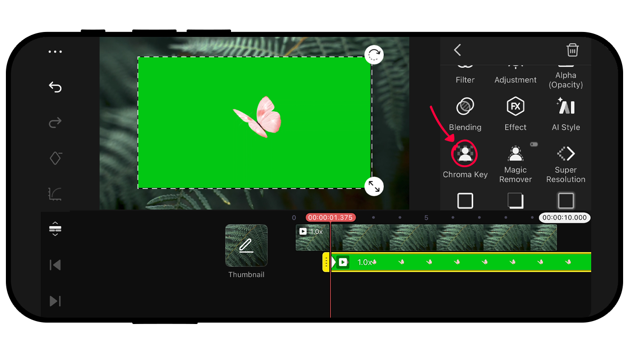 Слой с зелёным фоном в KineMaster и команда Chroma Key в панели инструментов