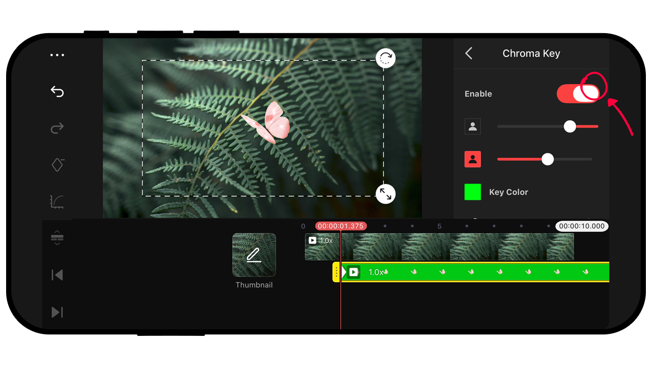 Параметры Chroma Key в KineMaster: Enable, пороги Foreground и Background и Key Color