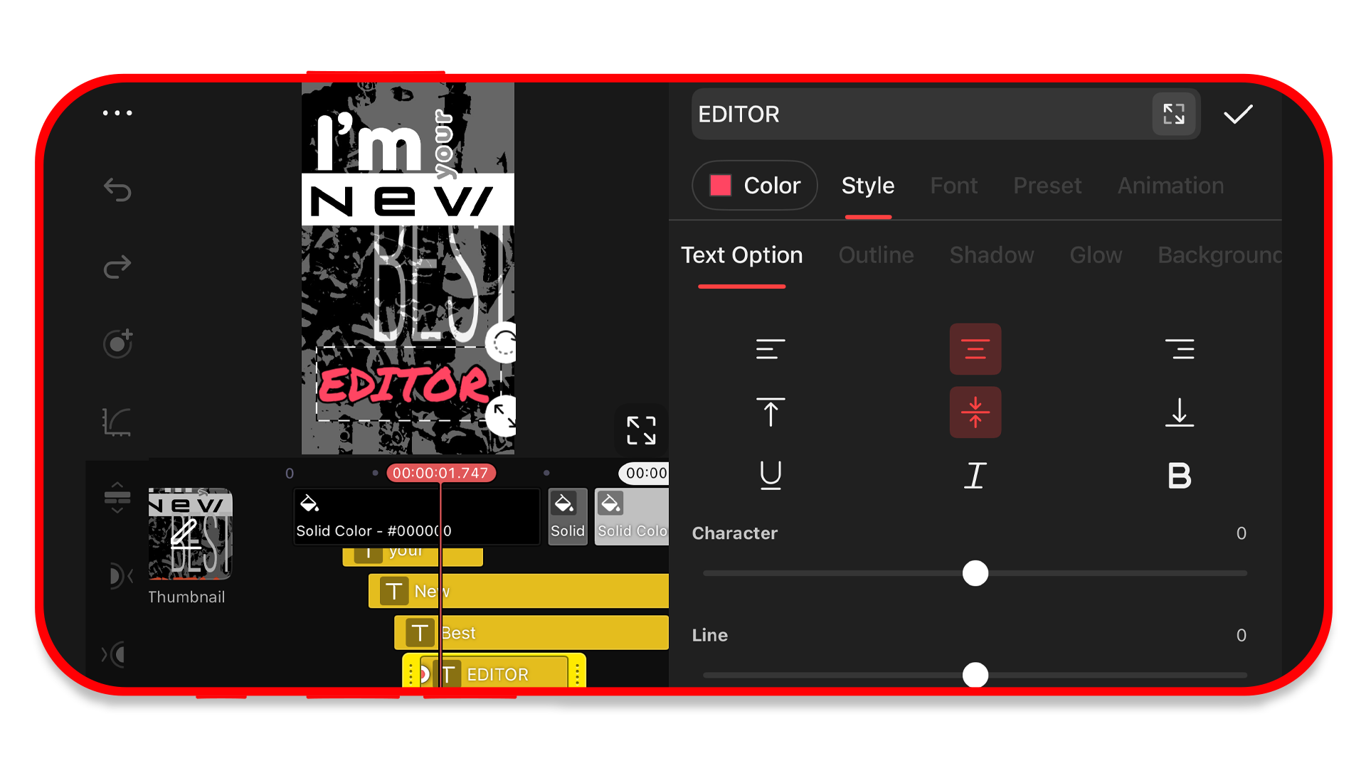 Панель Text Layer в KineMaster с вкладками цвета, стиля, шрифта, пресетов и анимации