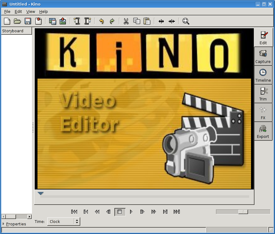 Стартовое окно Kino 1.1.1 с панелью Edit, Capture, Timeline, Trim, FX и Export