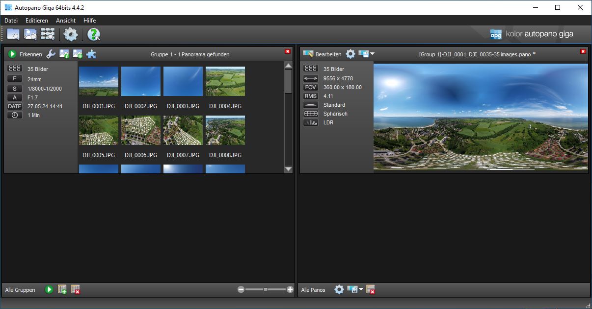 Главное окно Autopano Giga 4.4.2 с группой исходных кадров слева и найденной сферической панорамой справа