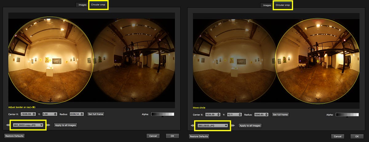 Вкладка Circular crop в Autopano Giga с двумя fisheye-кадрами и настройкой центра и радиуса светового круга