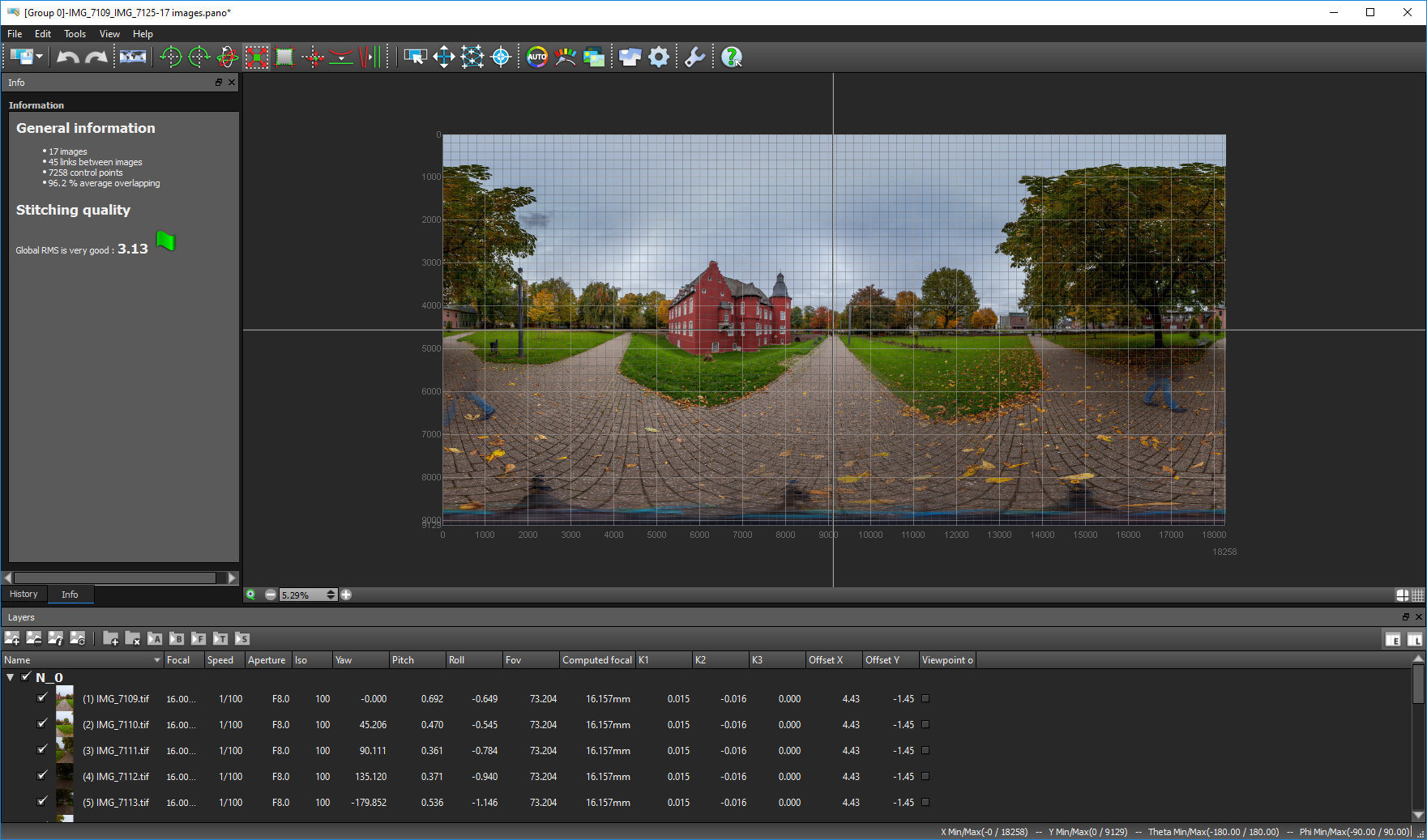 Panorama Editor Autopano с информацией о числе кадров, связях, контрольных точках, RMS и таблицей параметров слоёв