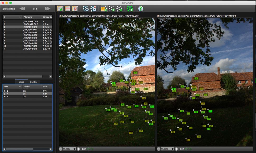 Control Points Editor Autopano Giga с двумя соседними фотографиями и множеством пронумерованных контрольных точек