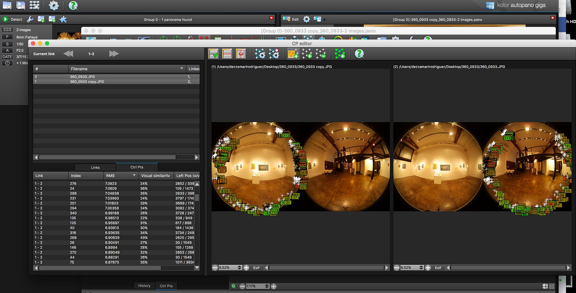 Редактор контрольных точек Autopano Giga для пары fisheye-изображений с ручными соответствиями в зоне перекрытия