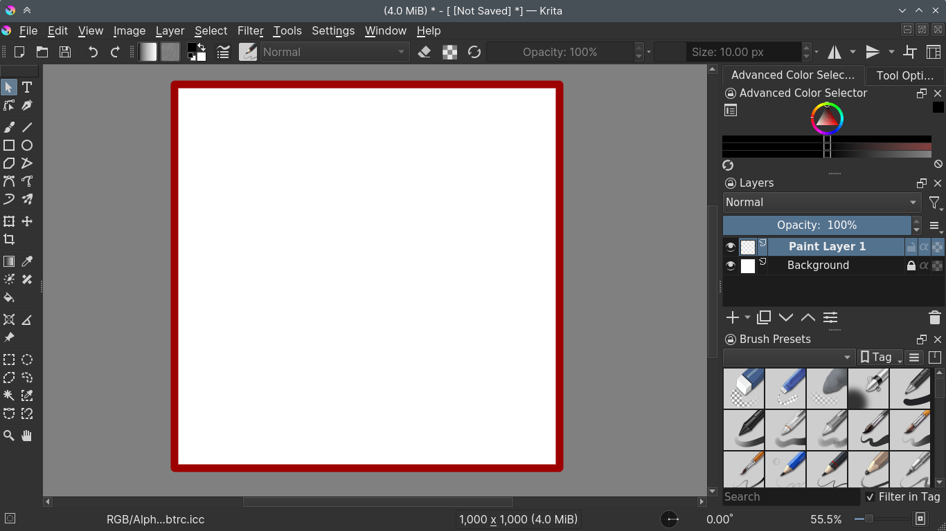 Главное окно Krita с холстом, панелью инструментов, Layers, Brush Presets и Advanced Color Selector