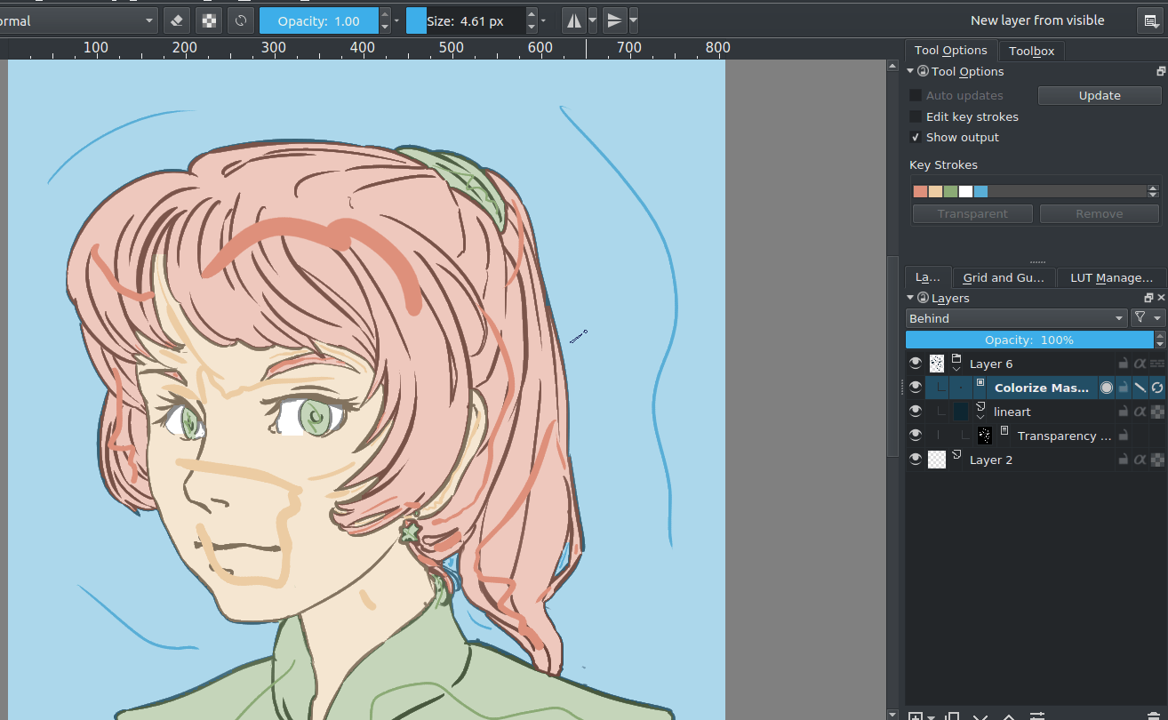 Colorize Mask в Krita: цветовые штрихи на рисунке, Tool Options и слои маски раскраски