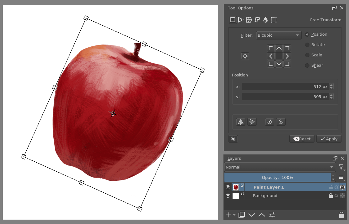Free Transform в Krita с рамкой трансформации объекта и параметрами Position, Rotate, Scale и Shear