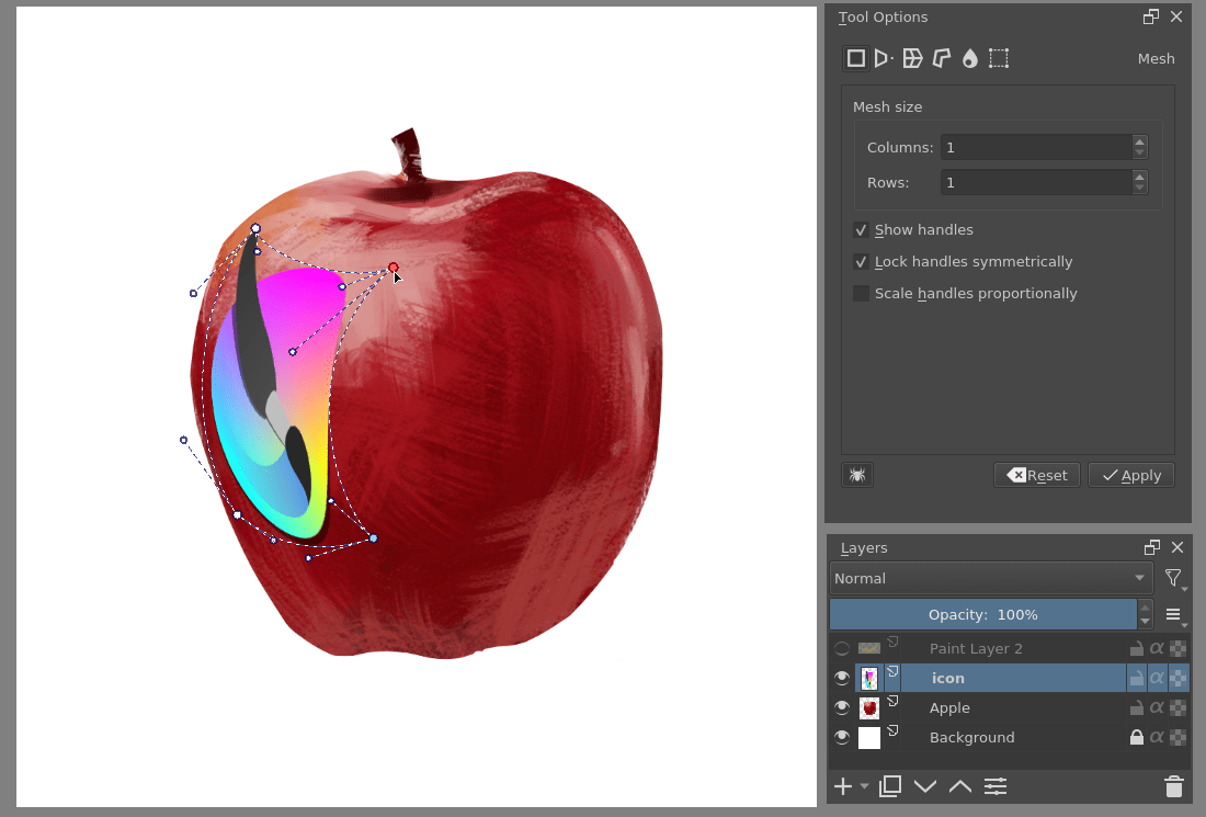 Mesh Transform в Krita с узлами деформации, настройкой сетки и панелью Layers