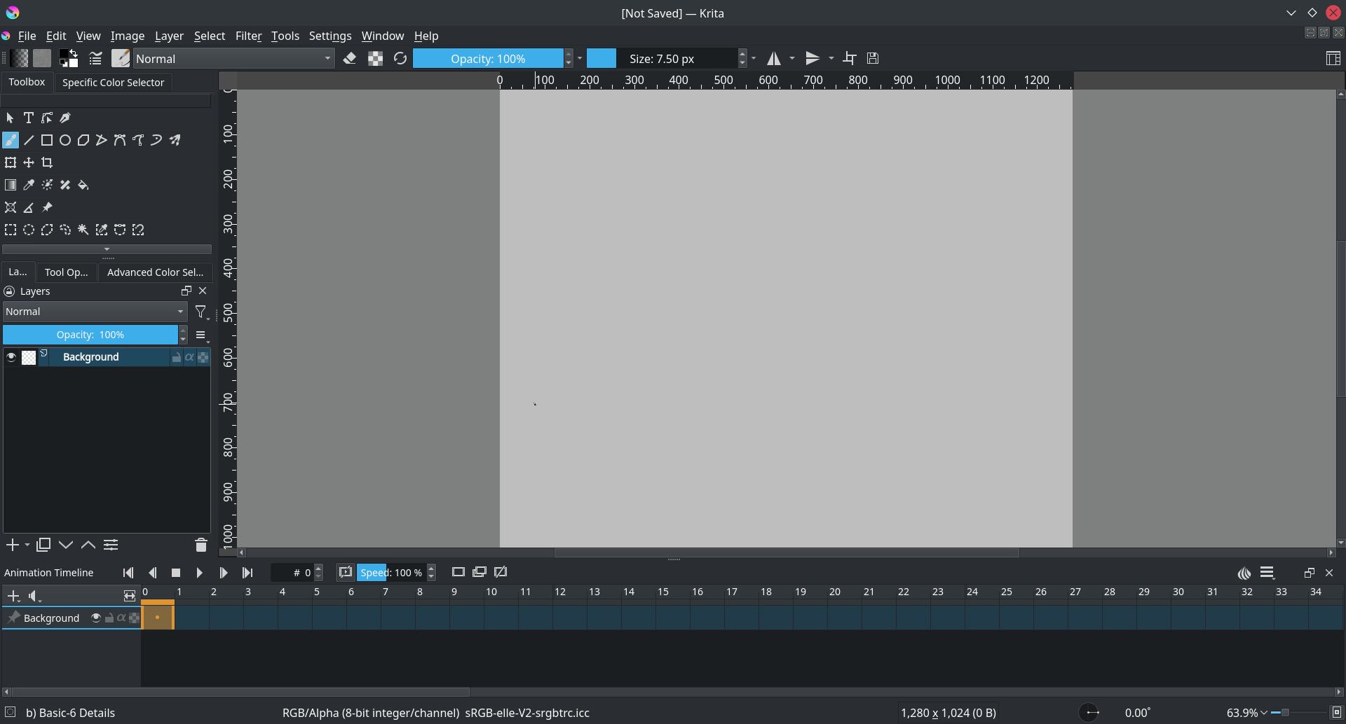 Анимационное рабочее пространство Krita с холстом, Layers и Animation Timeline внизу окна