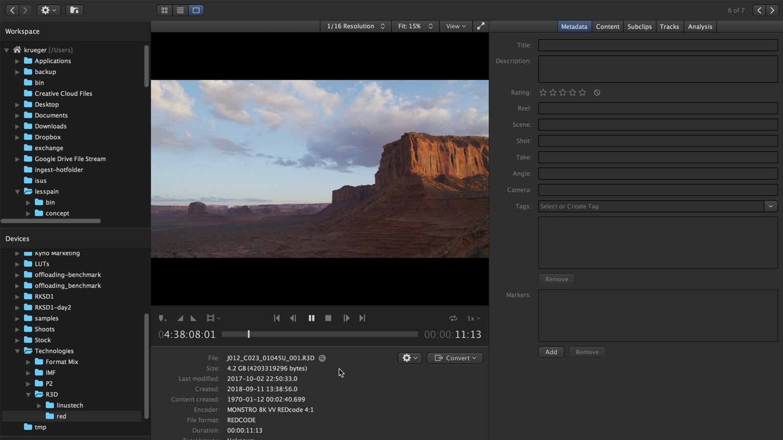 Detail View Kyno с воспроизведением RED R3D и панелью Metadata