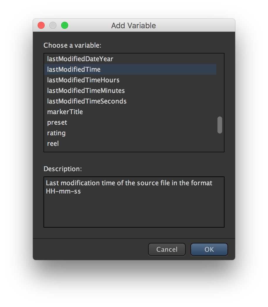 Диалог Add Variable в Kyno для выбора переменной шаблона имени файла