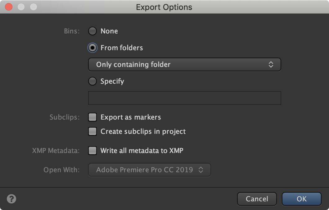 Окно Export Options Kyno для Premiere Pro с настройками Bins, Subclips, XMP Metadata и Open With