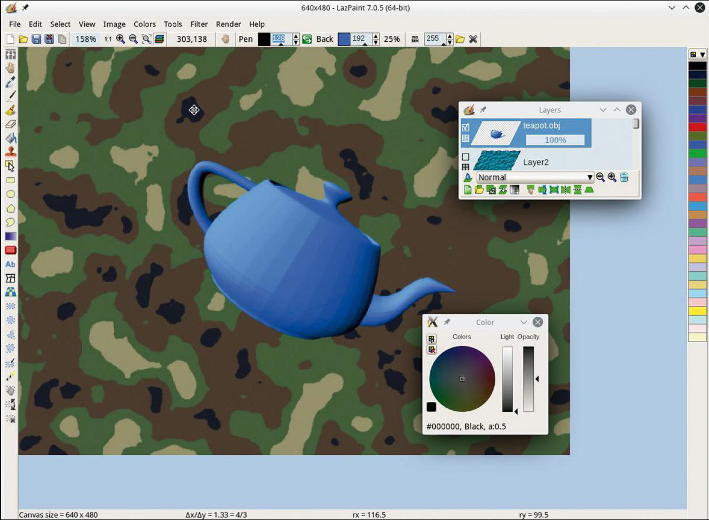 LazPaint 7.0.5 с импортированной OBJ-моделью синего чайника, панелью Layers и окном Color
