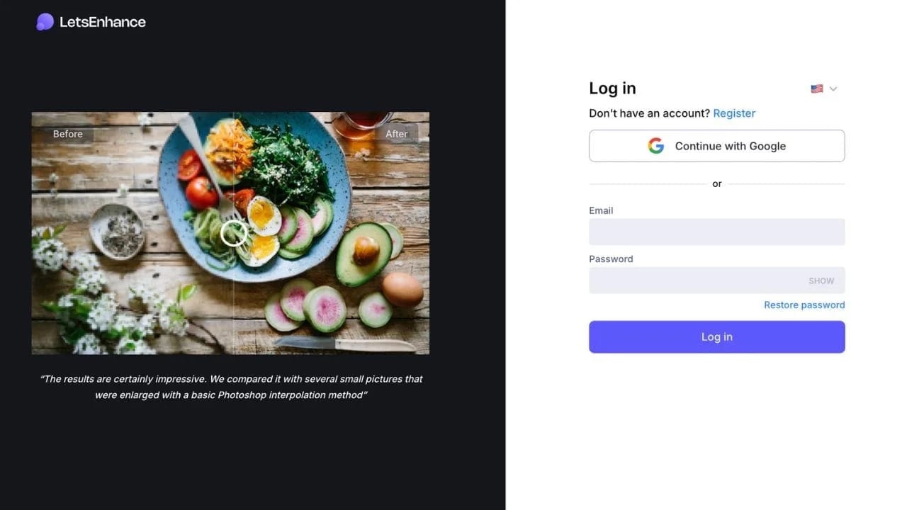Экран входа в Let’s Enhance с авторизацией через Google, email и пароль