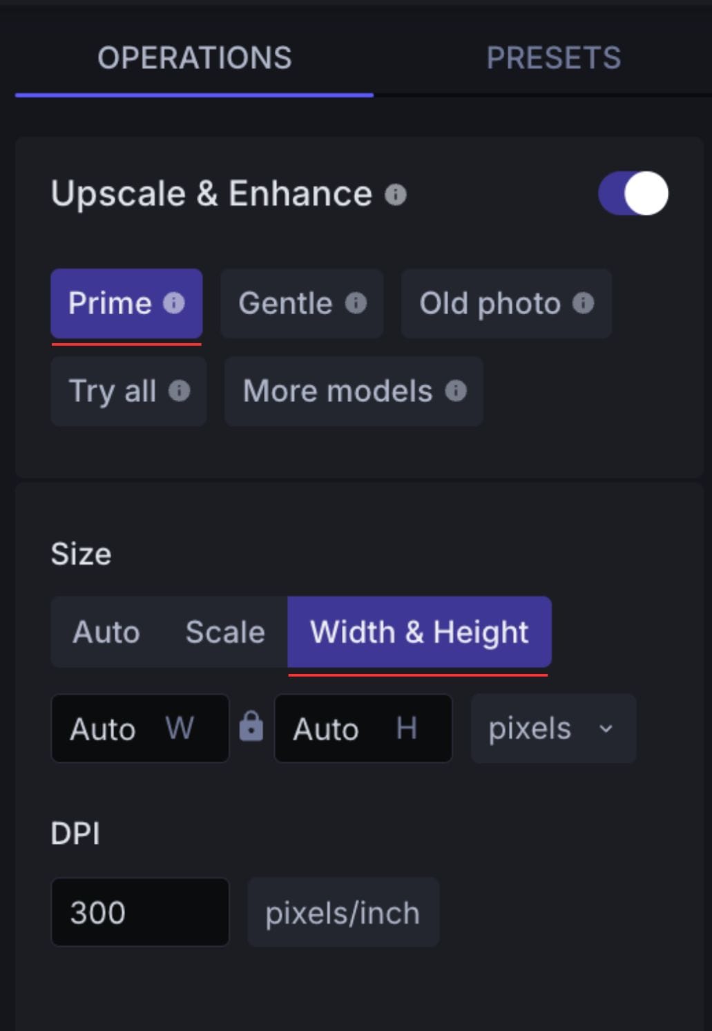 Панель Let’s Enhance с Width & Height и полем DPI 300 для печати