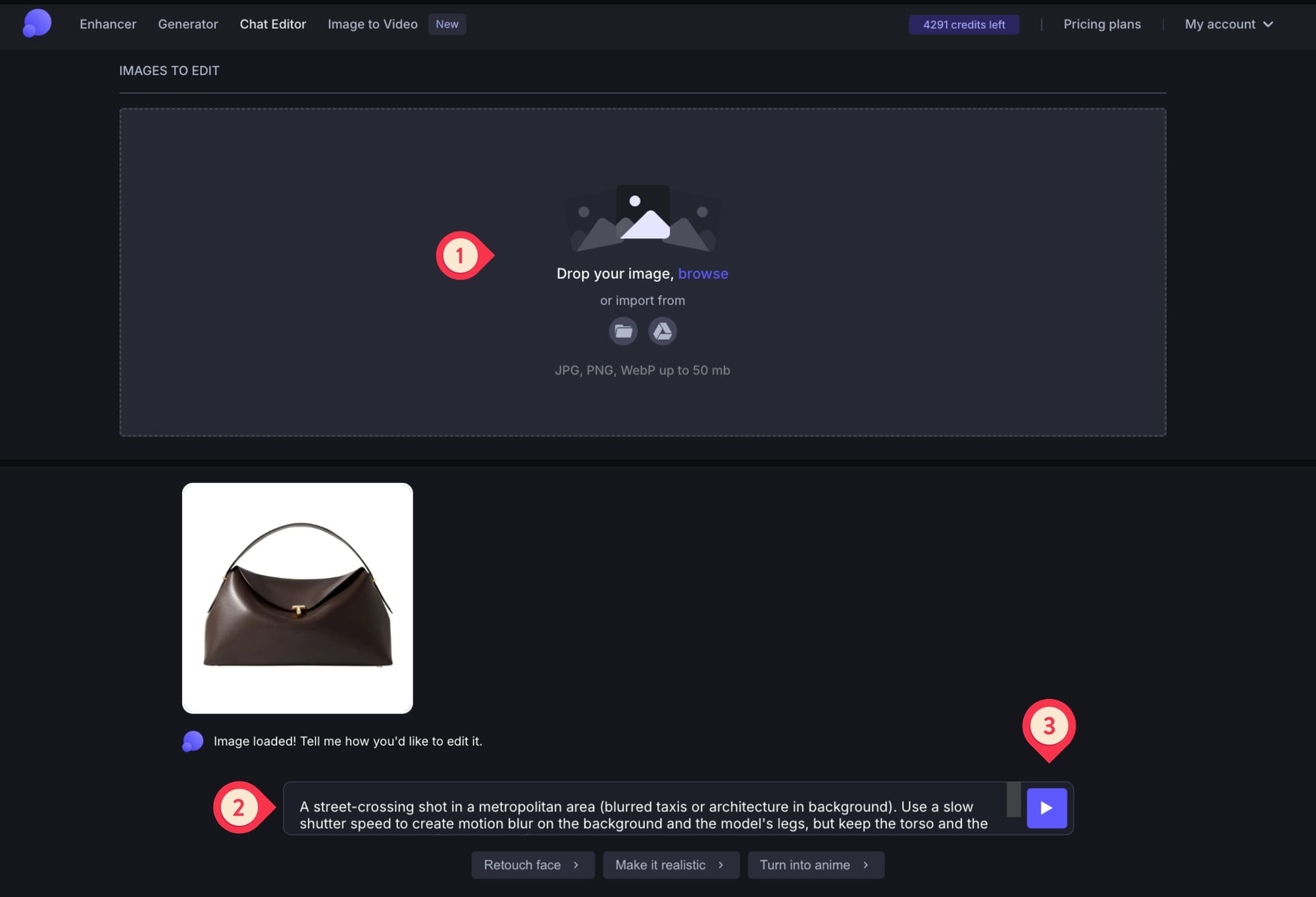 Chat Editor с загруженным товарным изображением, текстовой командой и кнопкой запуска