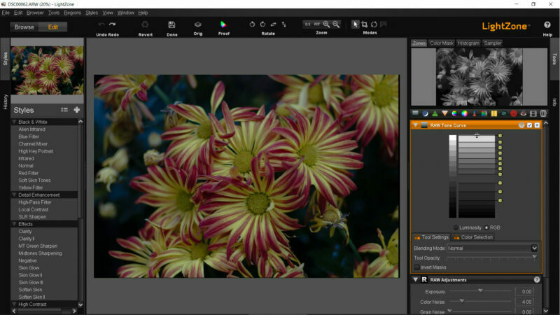 Редактор LightZone с раскрытыми RAW Tone Curve и RAW Adjustments