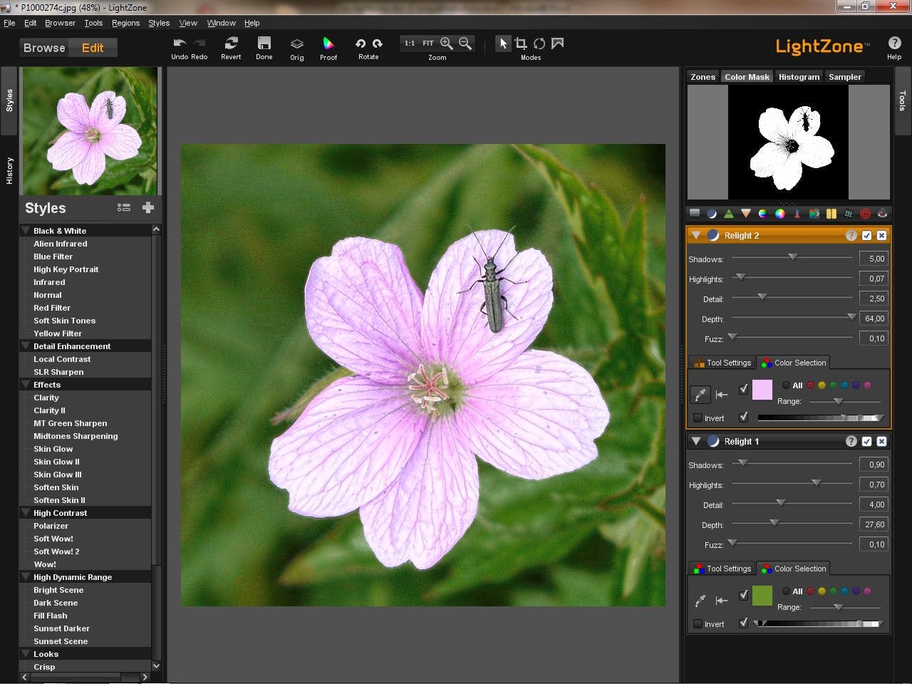 Вкладка Color Selection LightZone и просмотр цветовой маски для локальной коррекции