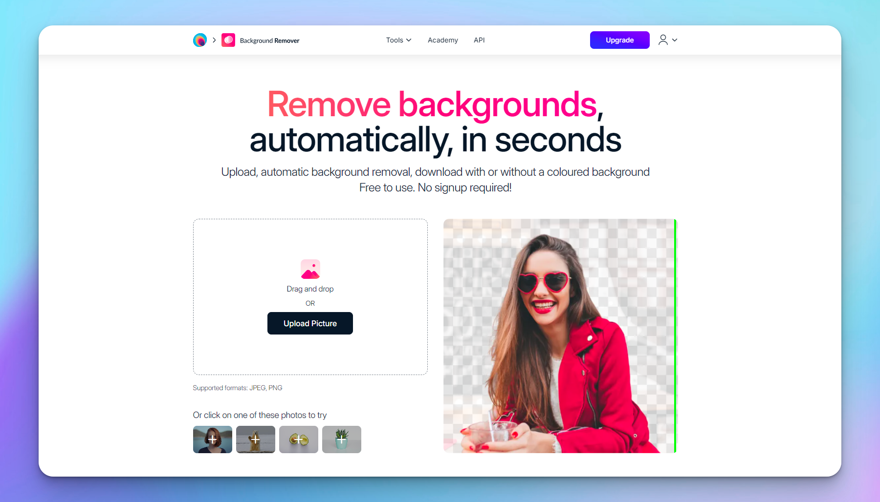 Стартовый экран Background Remover с Upload Picture и прозрачным фоном примера