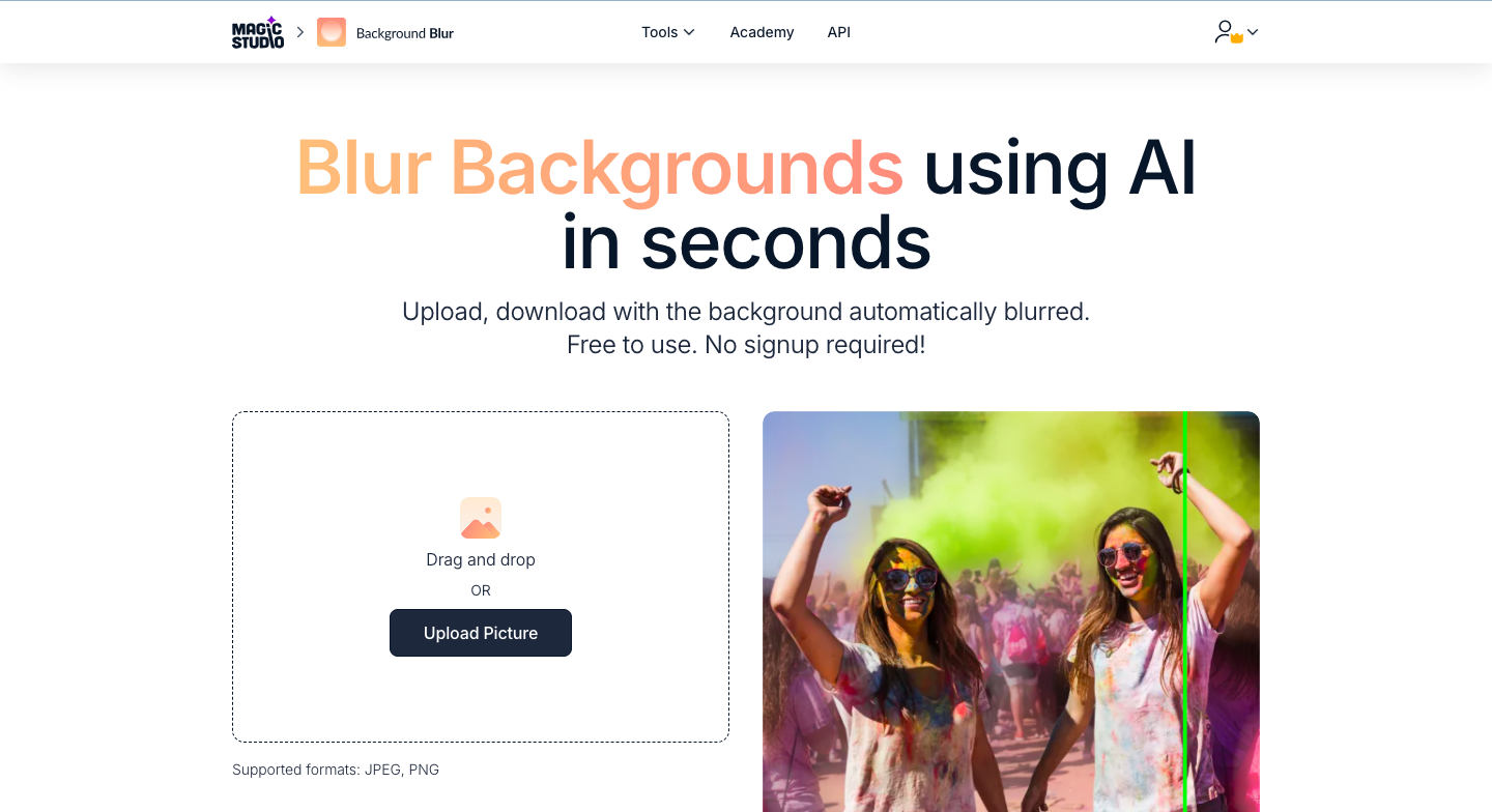 Стартовый экран Background Blur с Upload Picture и примером размытия заднего плана