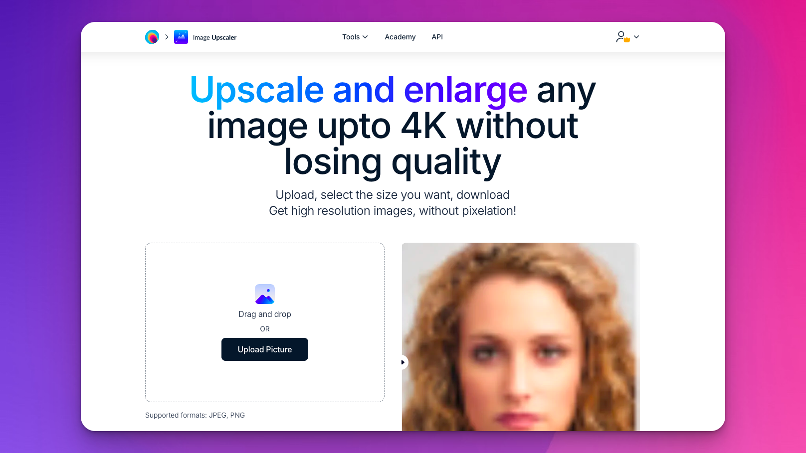 Стартовый экран Image Upscaler с Upload Picture и примером изображения низкого разрешения