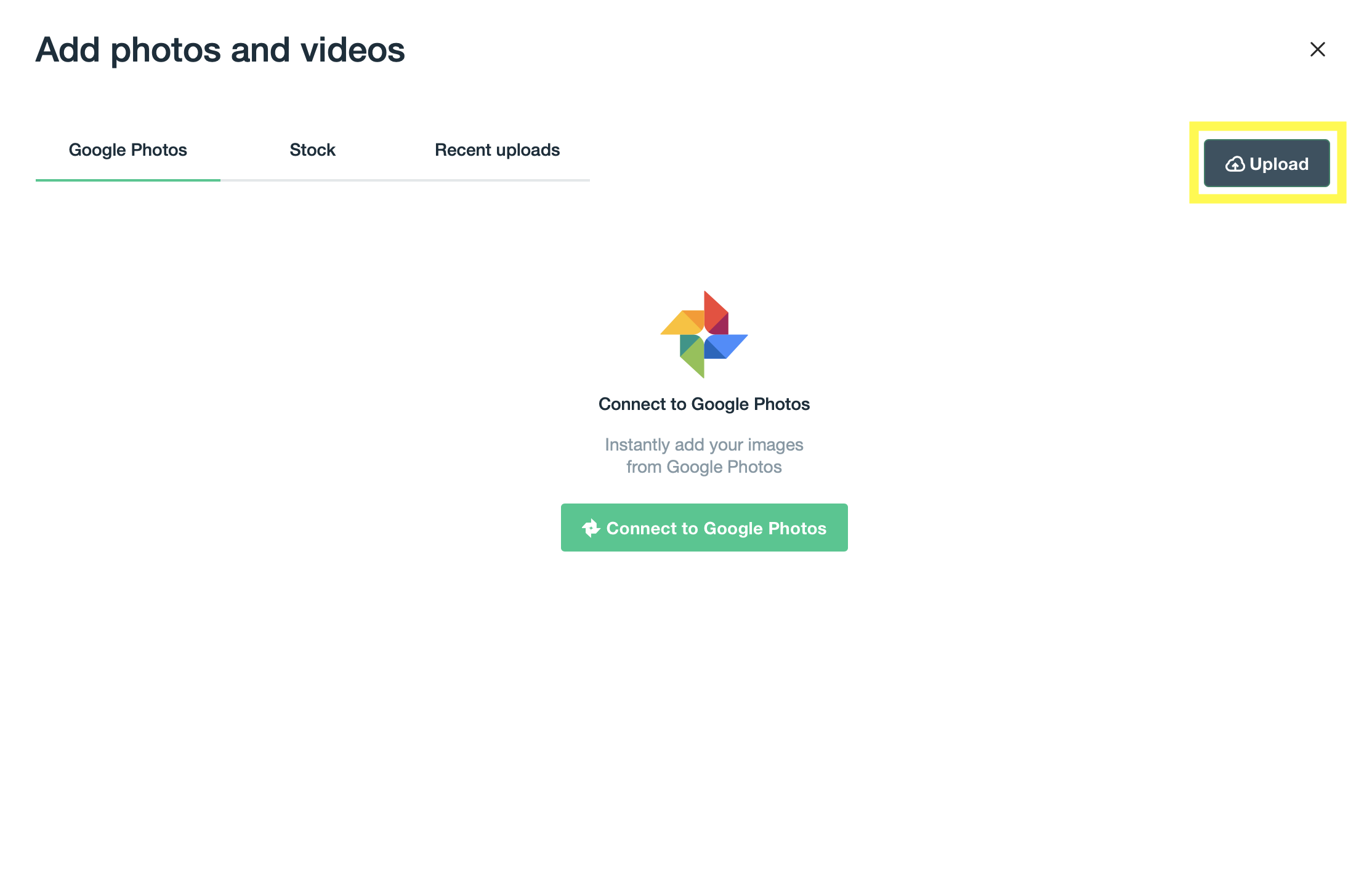 Окно Add photos and videos с кнопкой Upload и подключением Google Photos