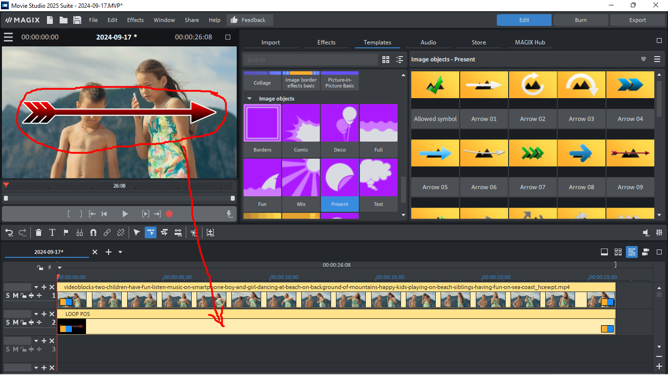 MAGIX Movie Studio 2025 Suite с объектом на Timeline и панелью шаблонов изображения