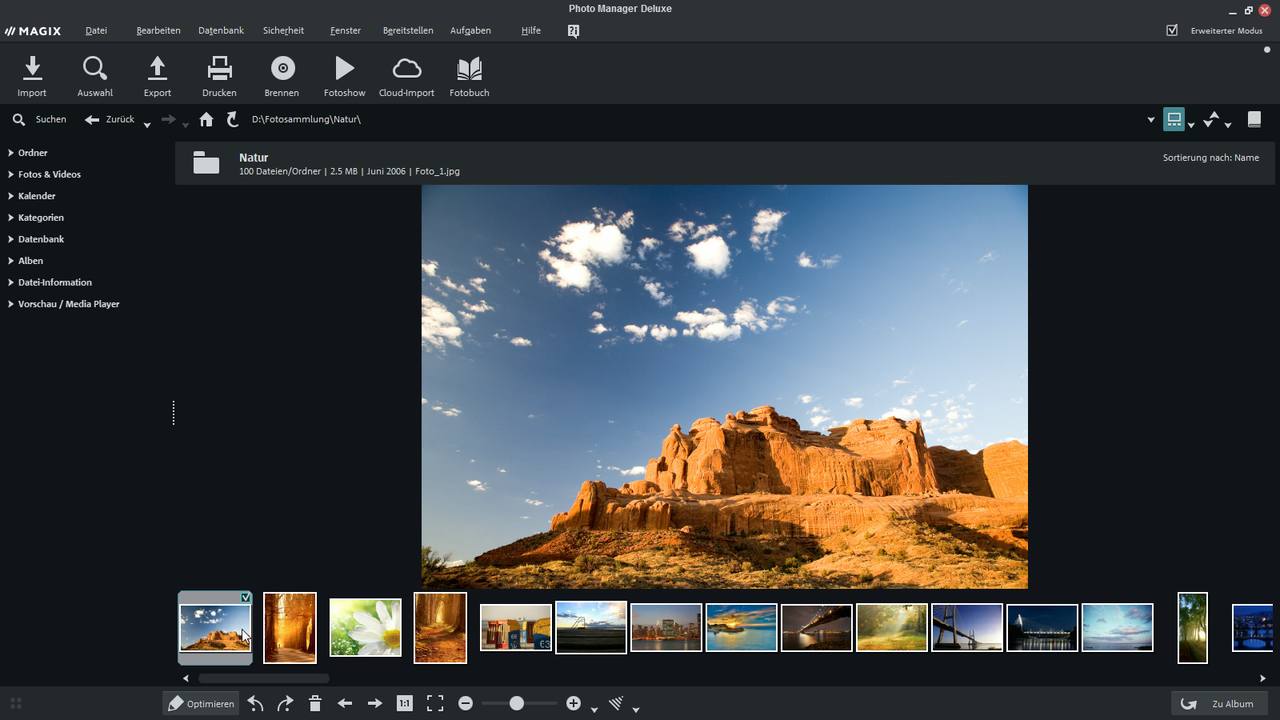 Рабочая область просмотра фотографий с боковыми панелями и пленкой миниатюр