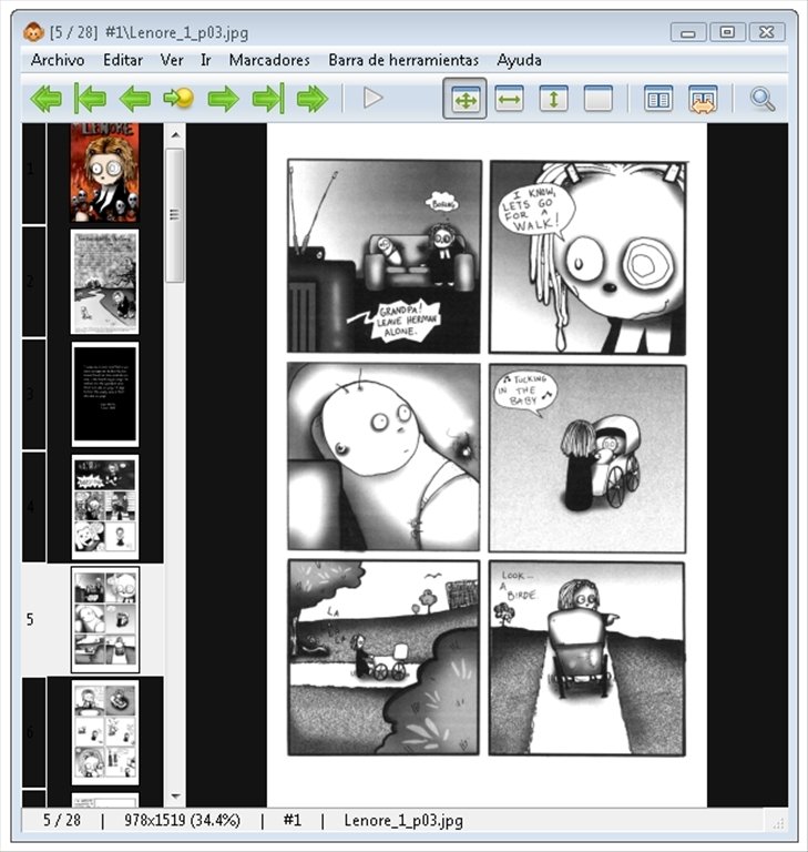 Окно MComix с одной страницей, лентой миниатюр и строкой состояния с номером, размерами и именем файла