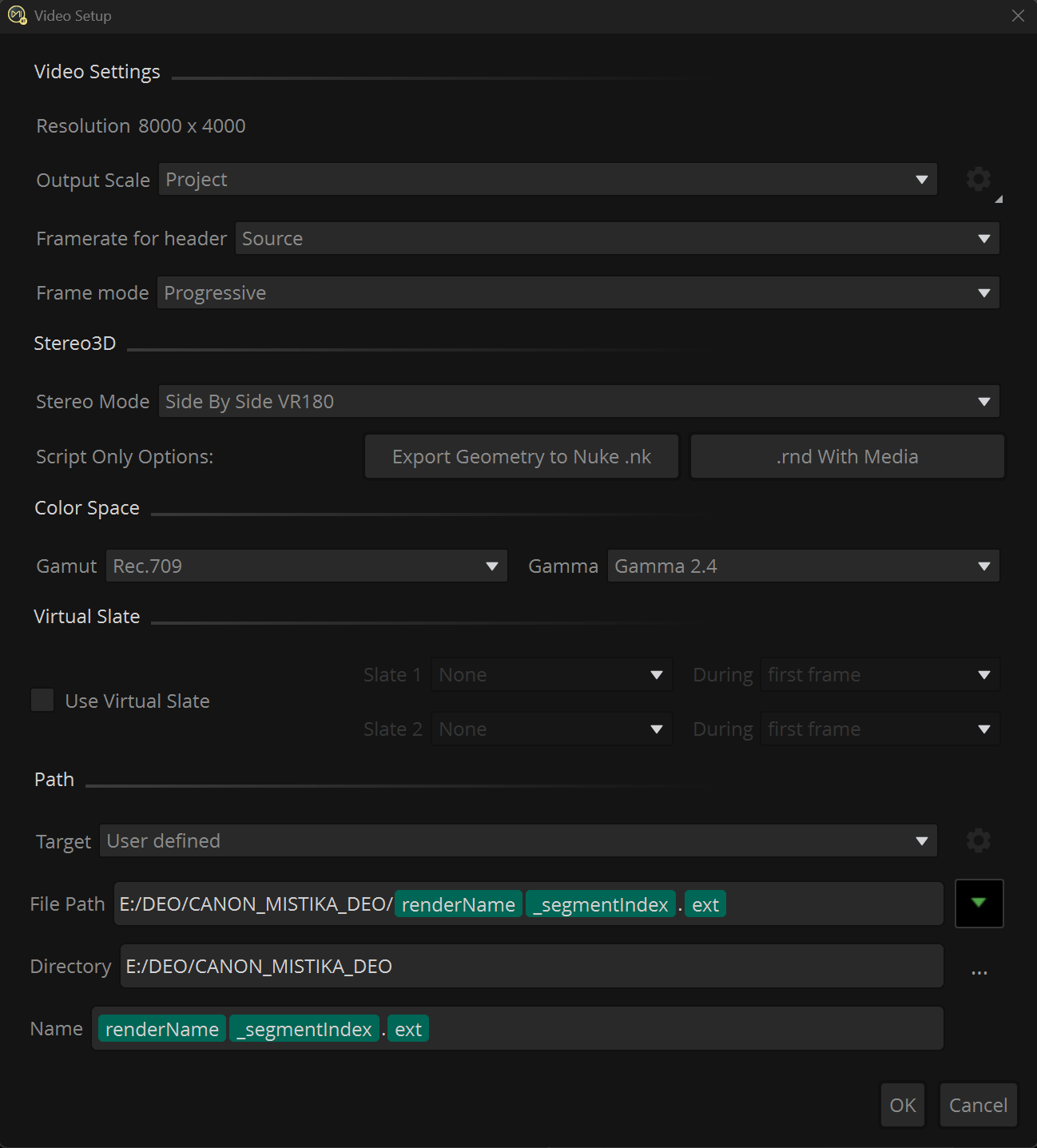 Video Settings с разрешением, Stereo Mode, Gamut, Gamma и путем рендера