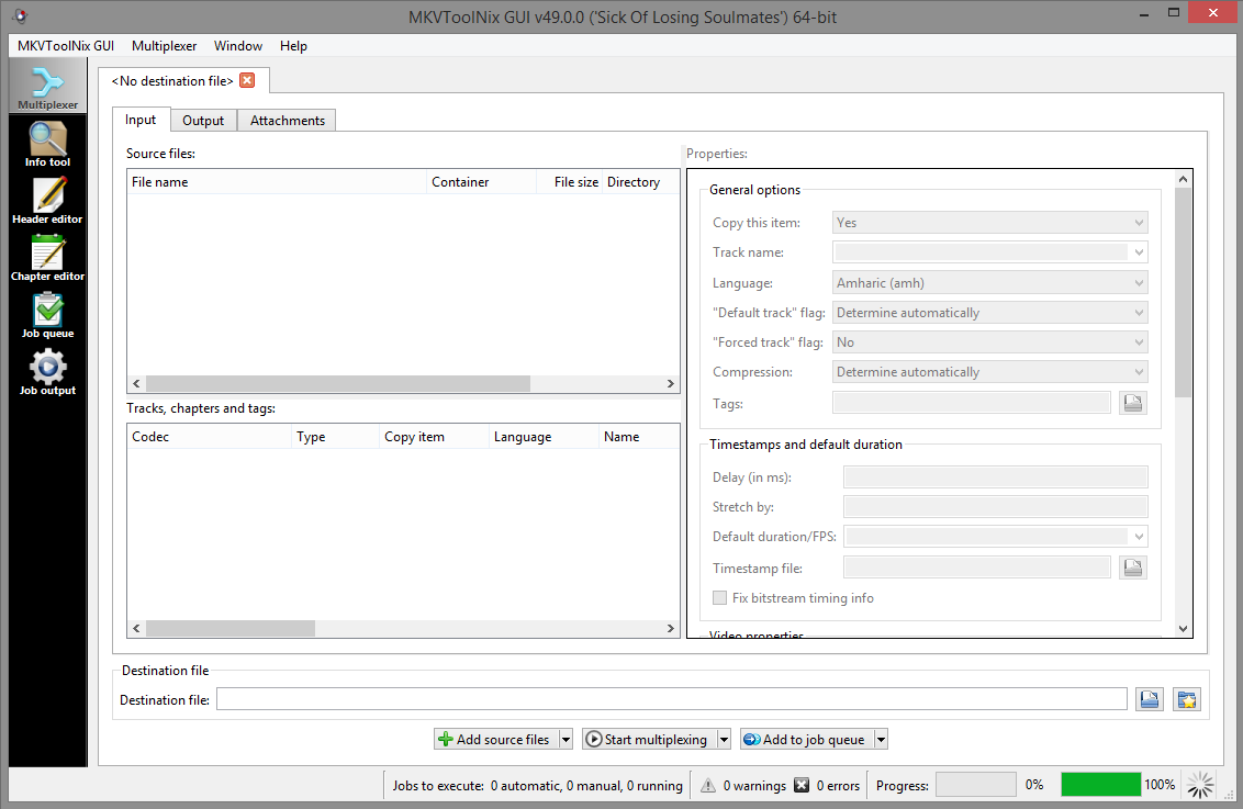 Главное окно MKVToolNix GUI с пустым Multiplexer и панелью инструментов слева