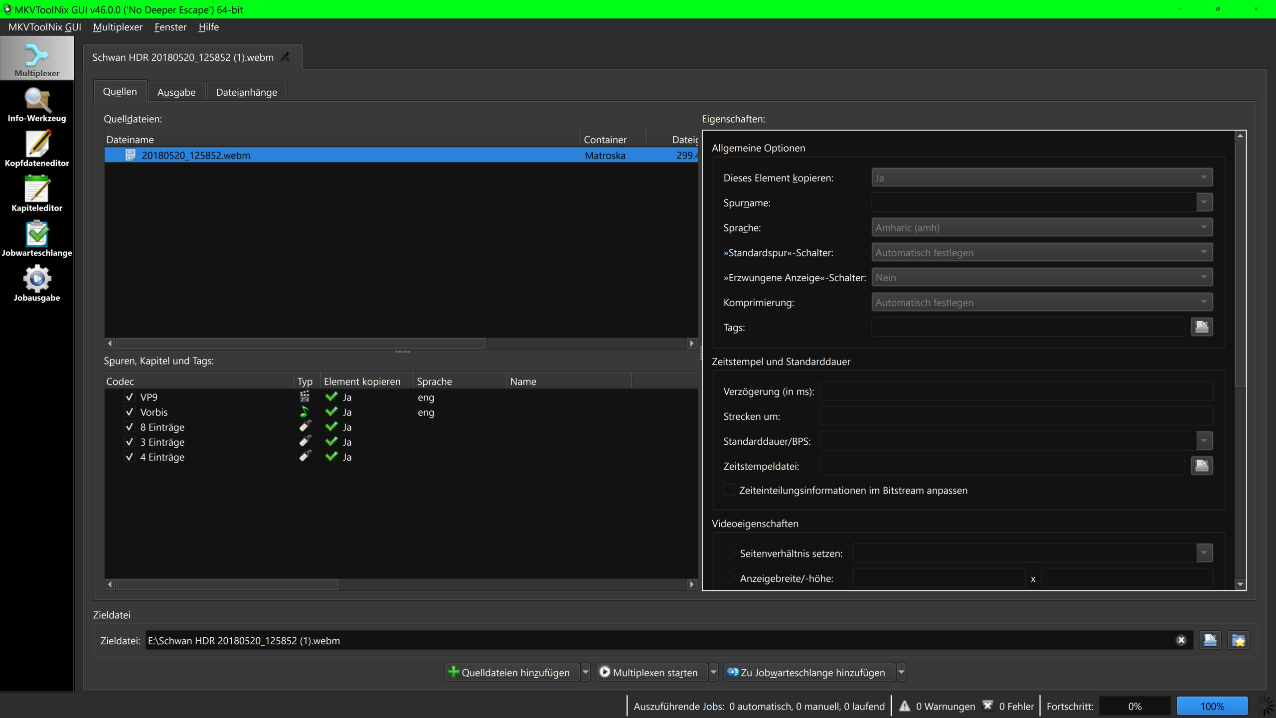 Вкладка Input в MKVToolNix GUI со списком дорожек и свойствами выбранного элемента