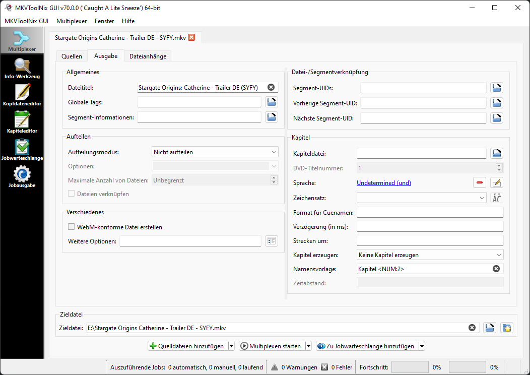 Вкладка Output MKVToolNix GUI с названием сегмента, разбиением, главами и выходным файлом