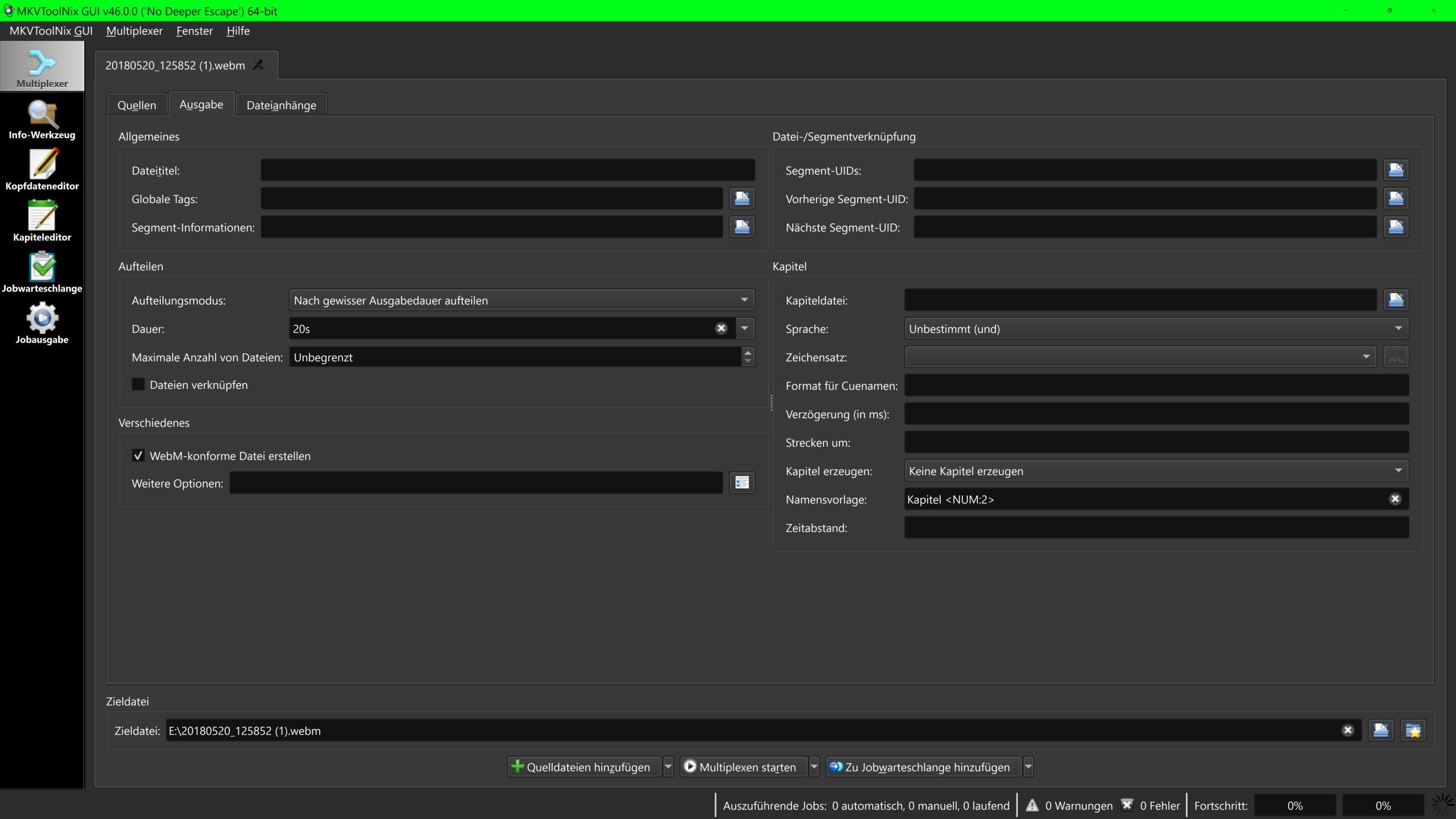 Тёмная тема MKVToolNix GUI на вкладке Output с настройками разбиения и глав