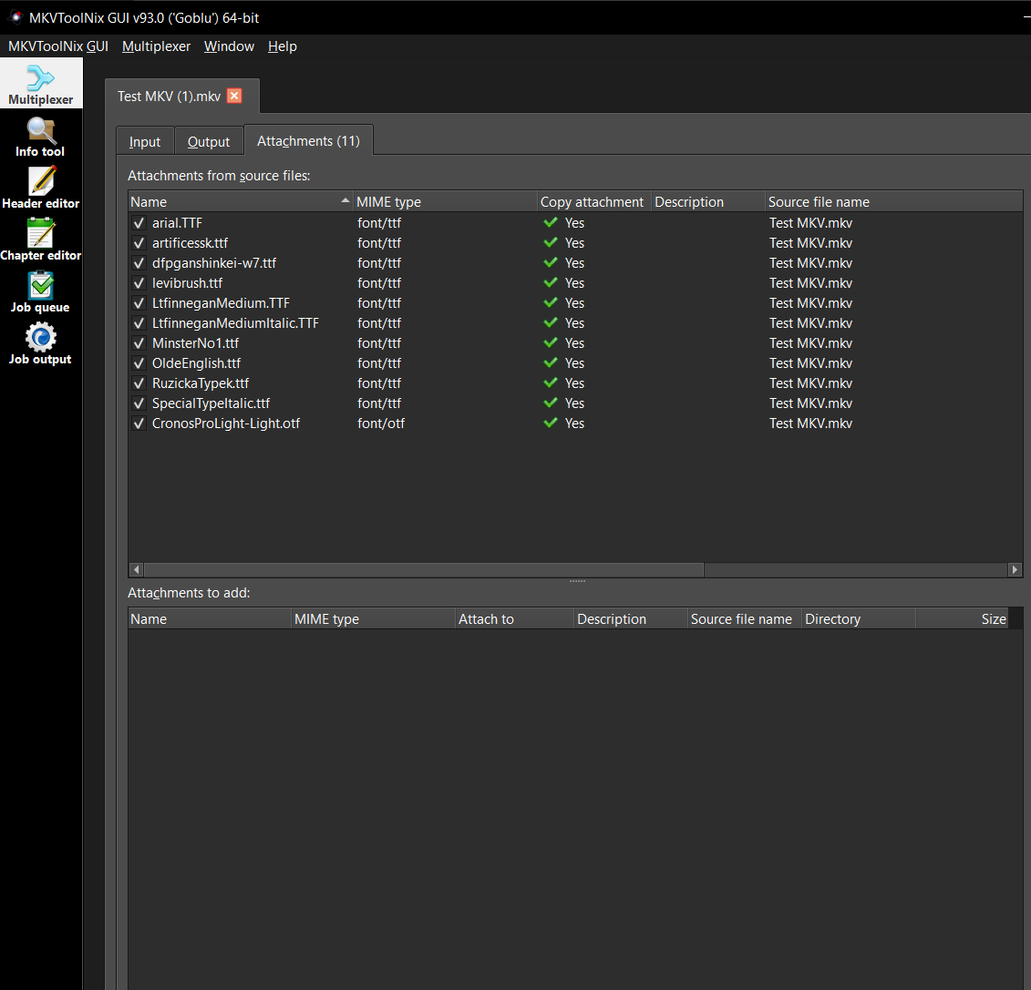 Вкладка Attachments MKVToolNix GUI со списком встроенных TTF и OTF шрифтов