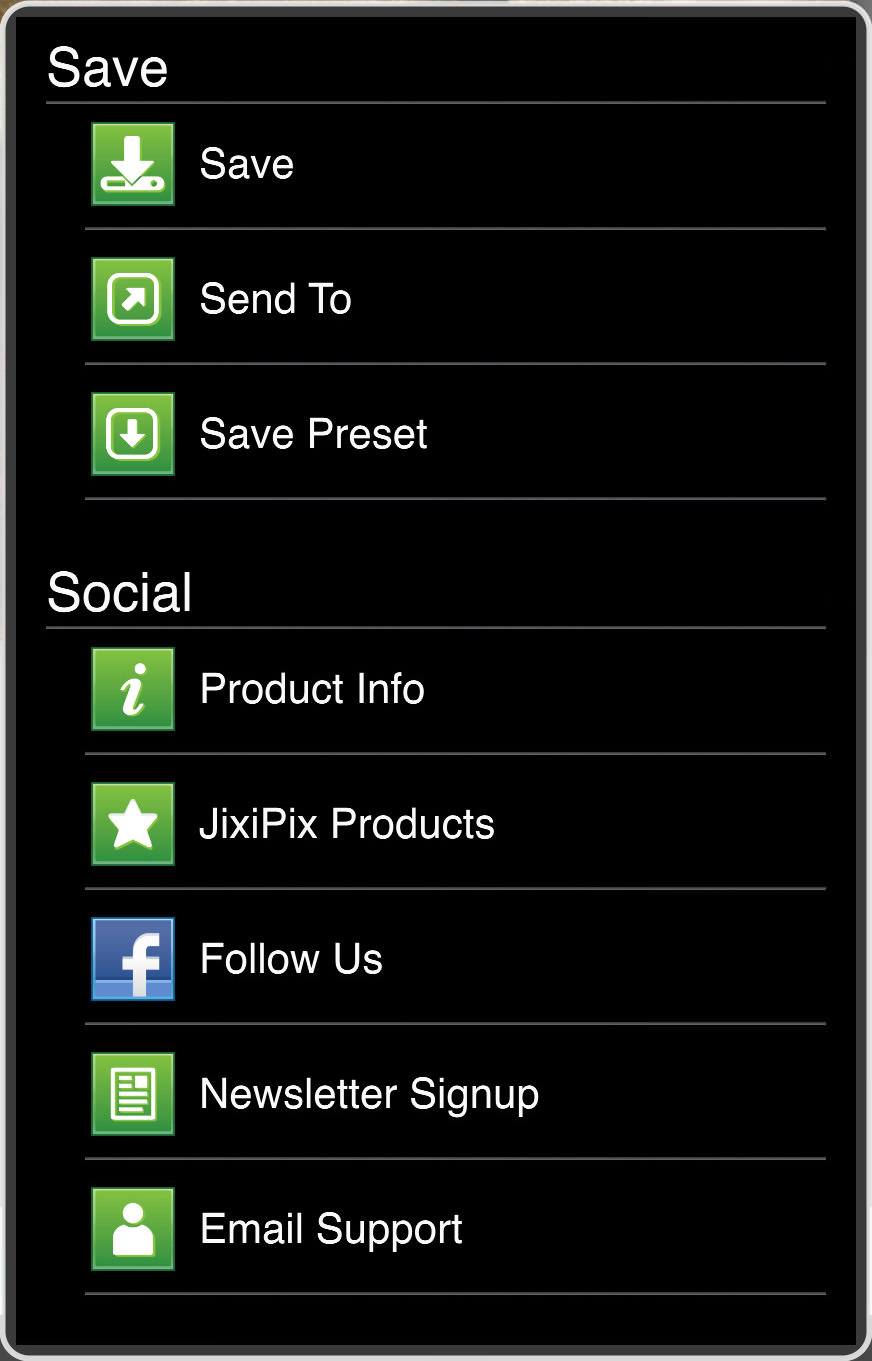 Меню Save мобильной Moku Hanga для Android с командами Save, Send To и Save Preset