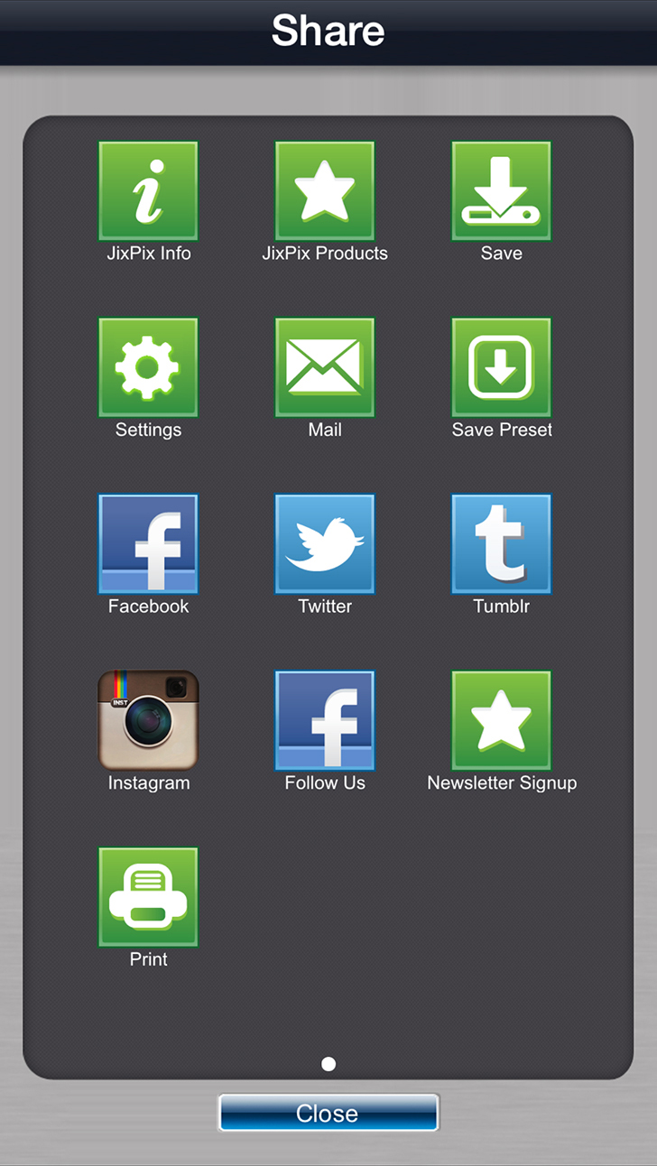 Меню Share в Moku Hanga на iPad с командами Save, Settings, Mail, Save Preset и Print