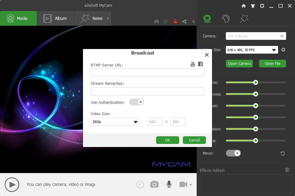 Диалог Broadcast в MyCam с полями RTMP Server URL и Stream Name/Key