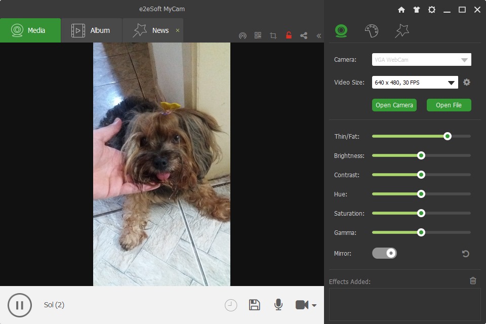 MyCam с открытым изображением и панелью настройки яркости, контраста и гаммы