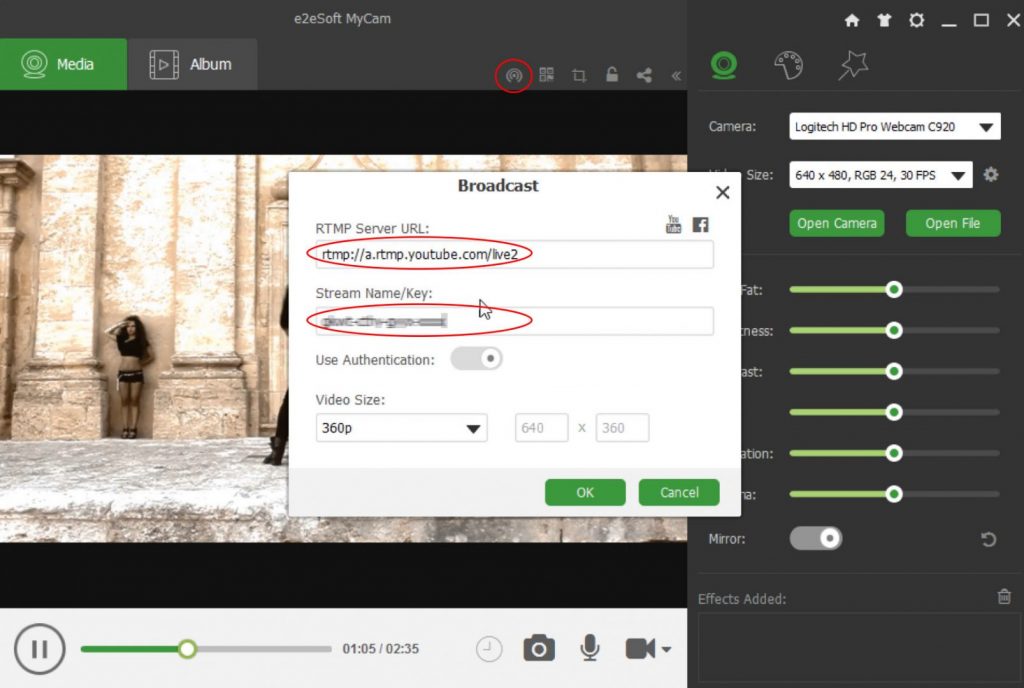 Официальный пример настройки RTMP-трансляции в окне Broadcast MyCam