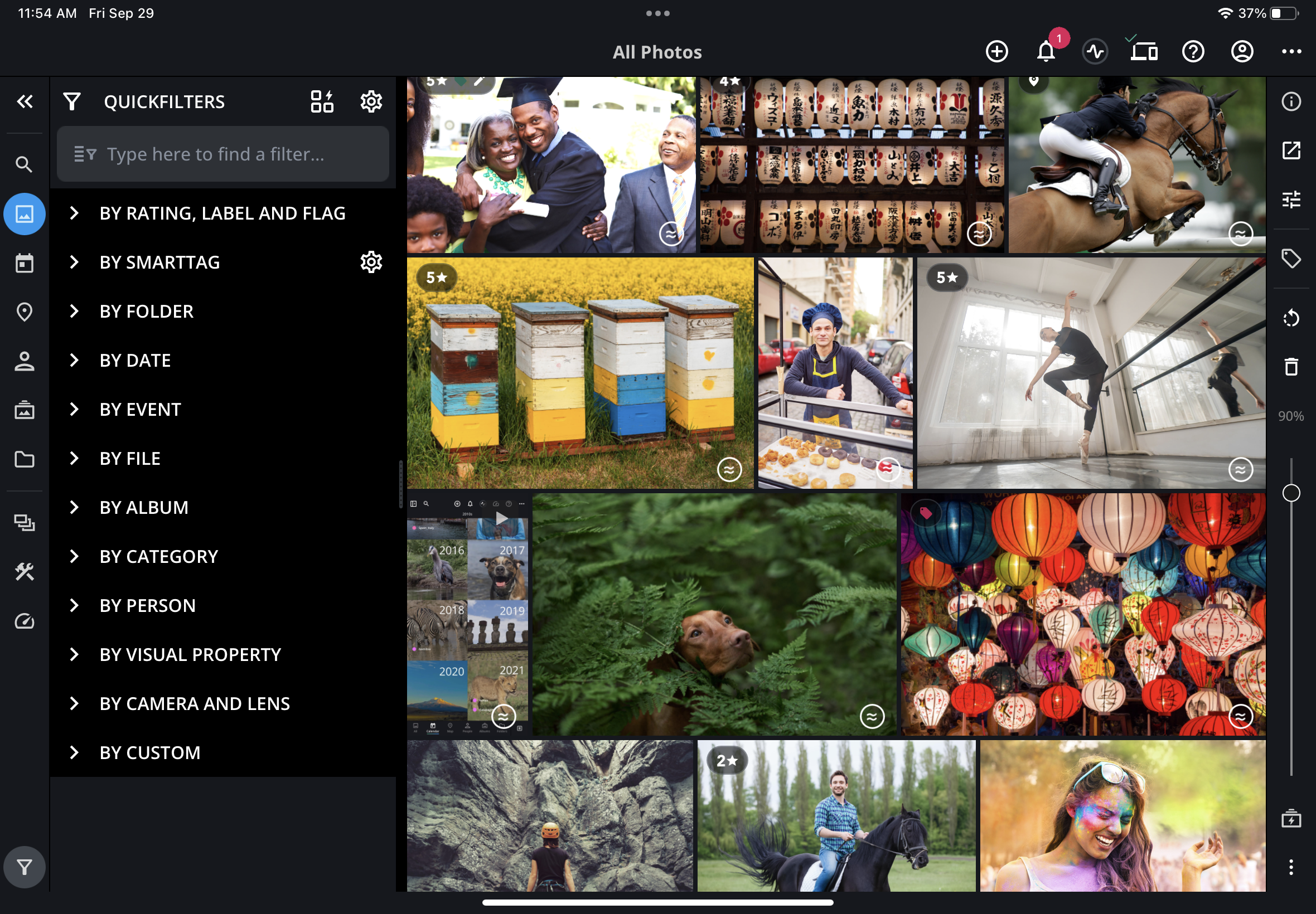 All Photos с сеткой снимков и панелью QuickFilters