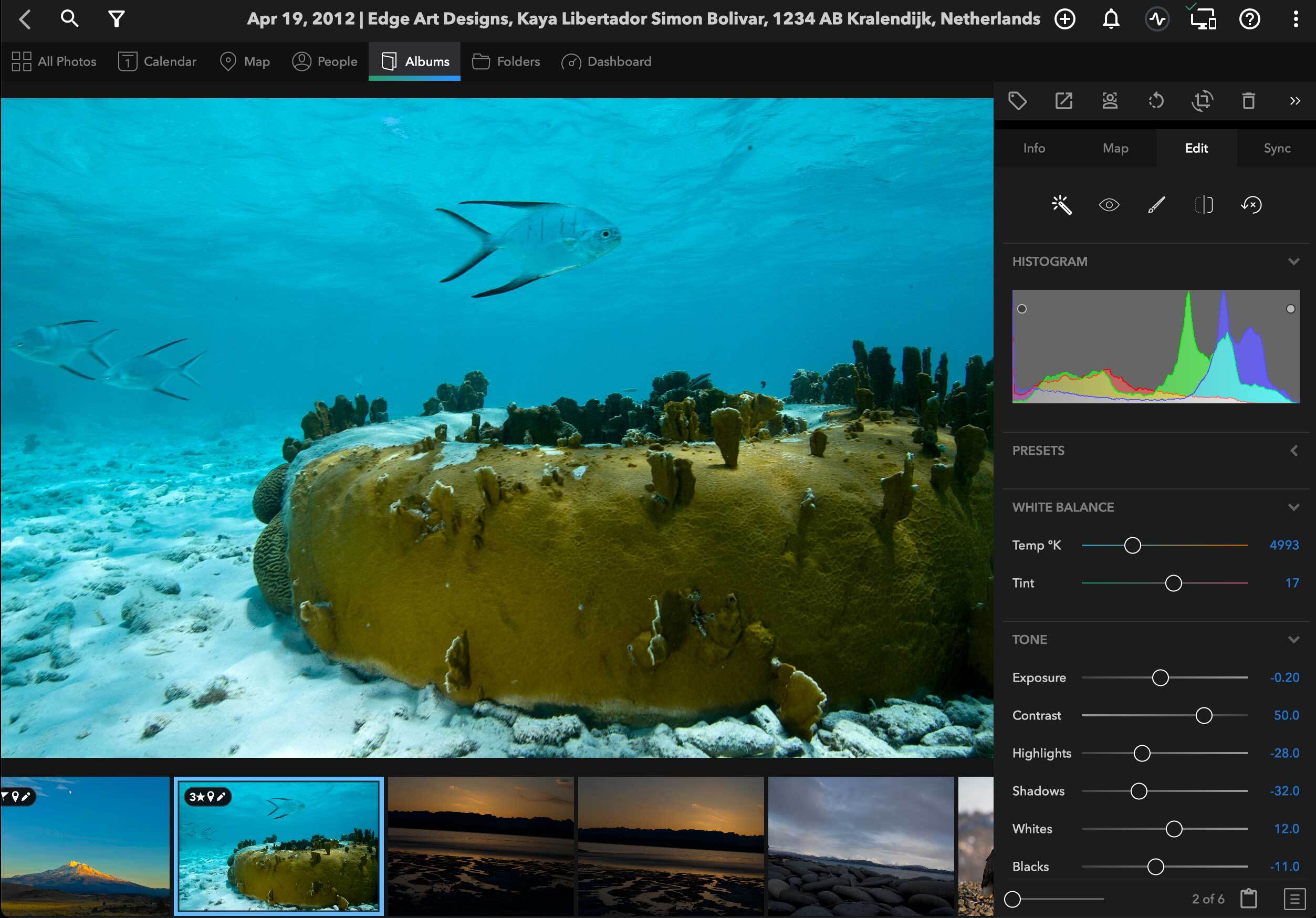 Edit Panel с гистограммой, White Balance и тоновыми ползунками