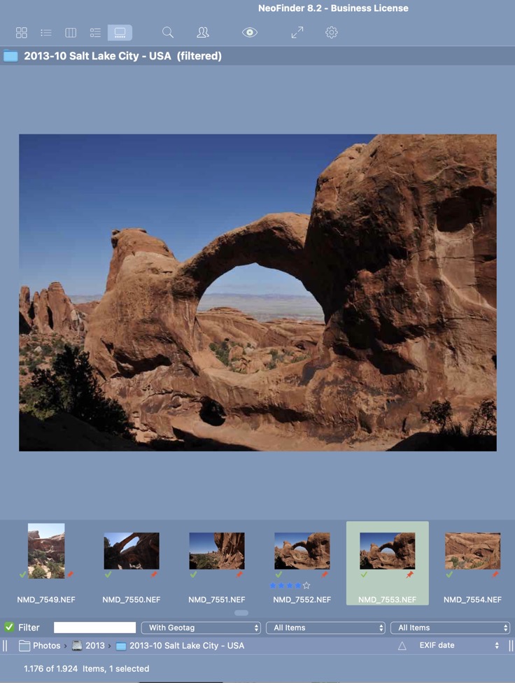 Gallery View NeoFinder с крупным выбранным снимком и лентой миниатюр