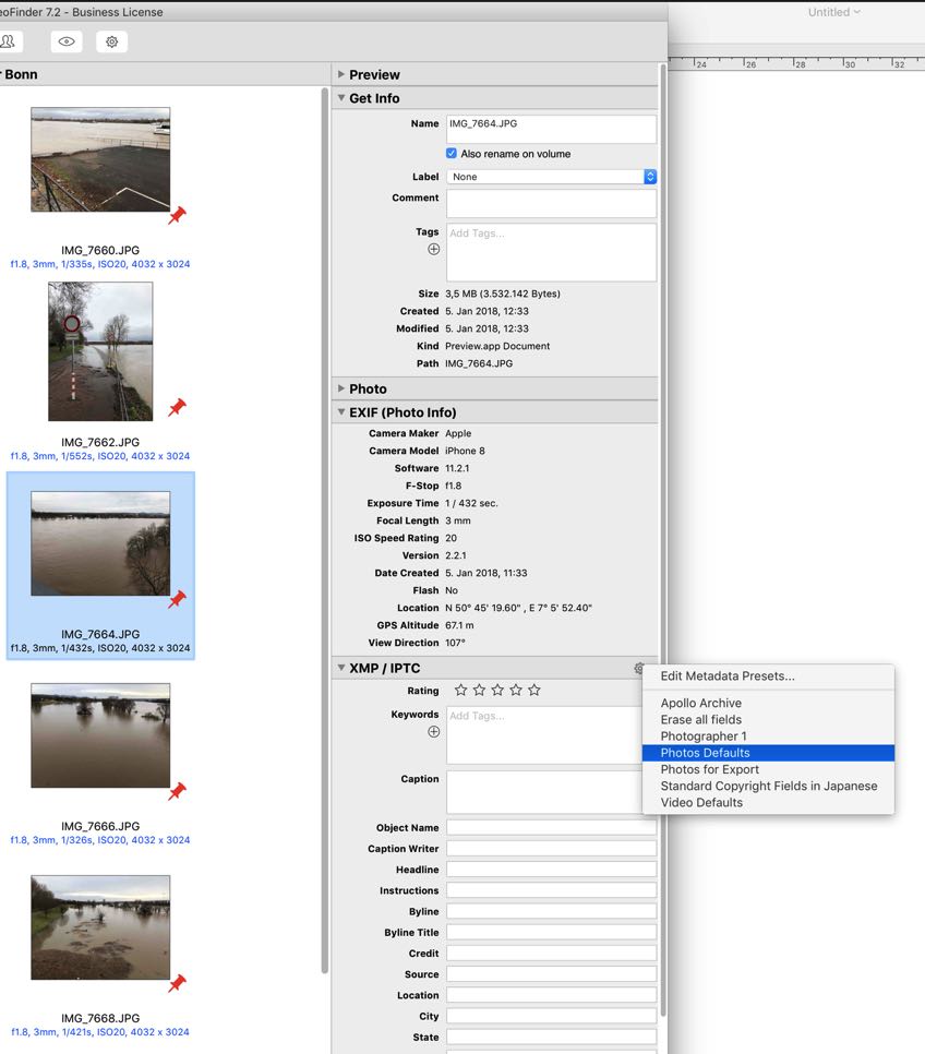 Главное окно NeoFinder с Inspector, XMP IPTC и меню выбора Metadata Preset