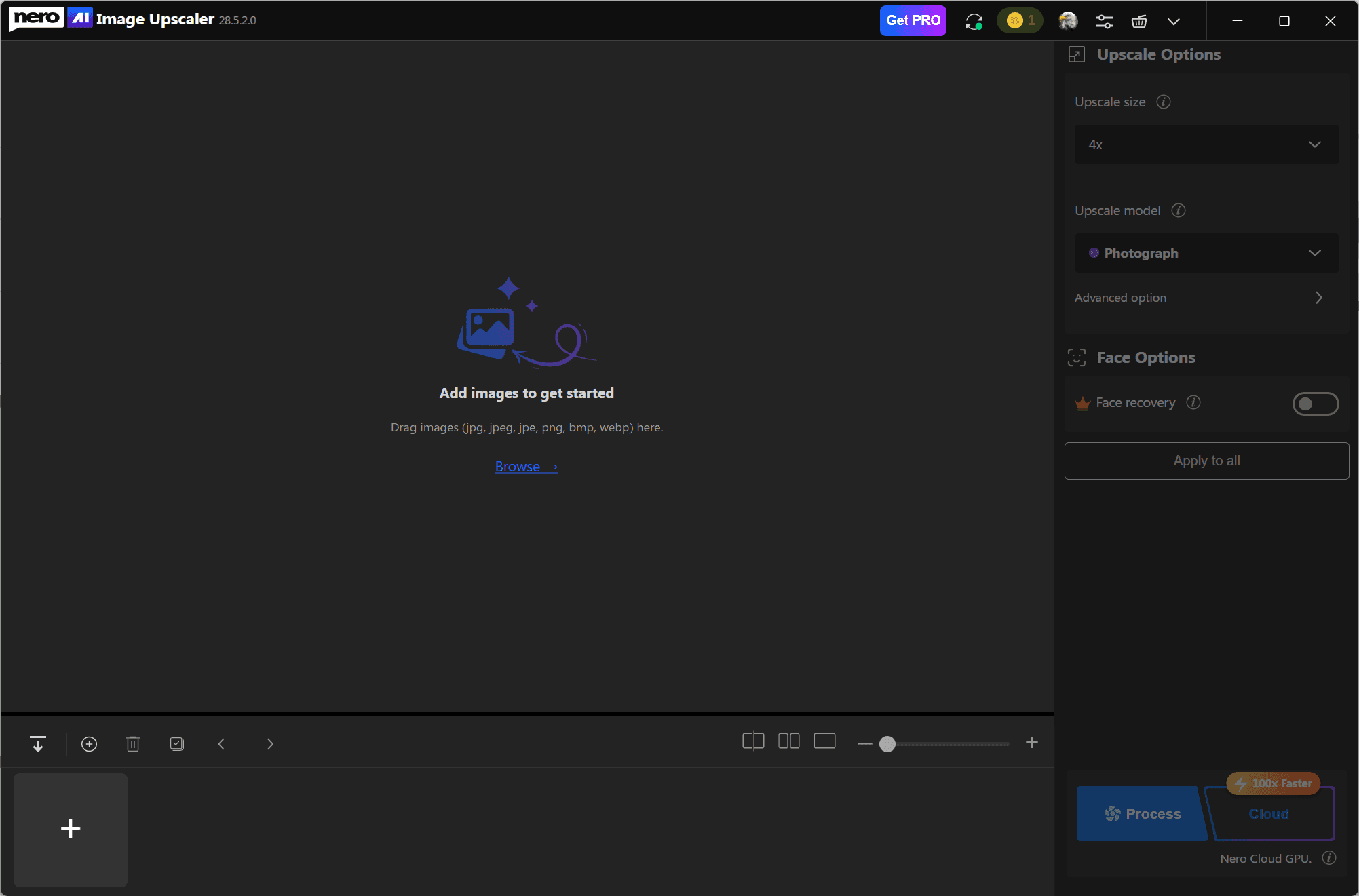 Стартовое окно Nero AI Image Upscaler с областью Add images to get started и панелью Upscale Options
