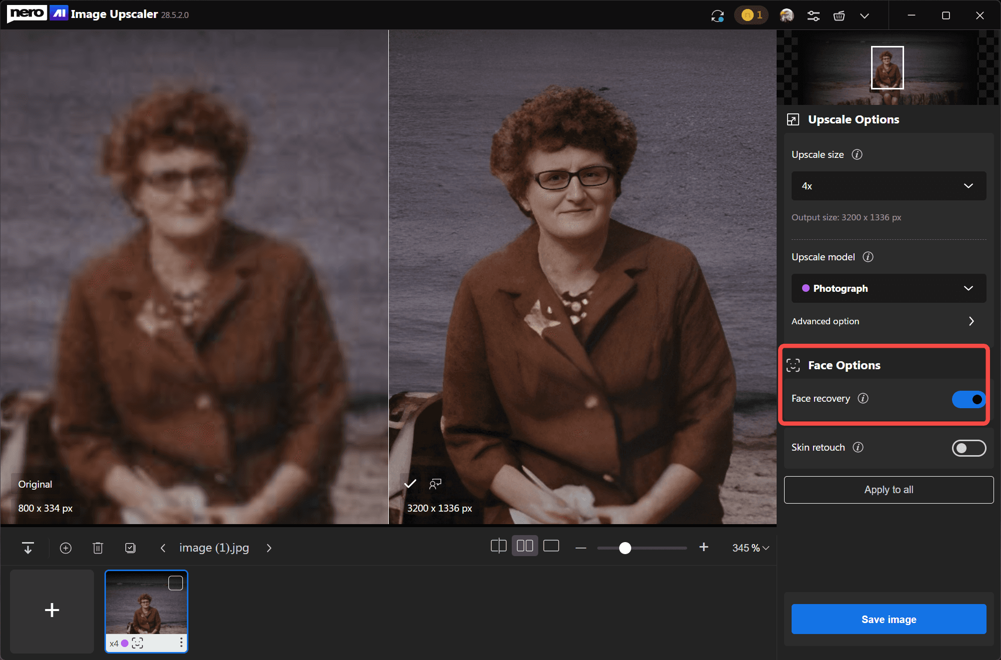 Сравнение портрета до и после обработки с включённым Face Recovery