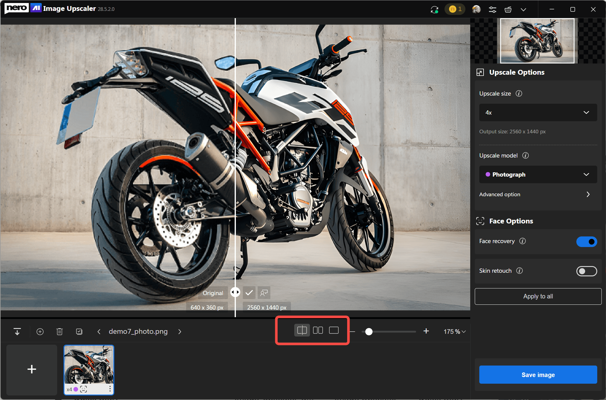 Режим сравнения до и после и кнопки переключения видов в Nero AI Image Upscaler