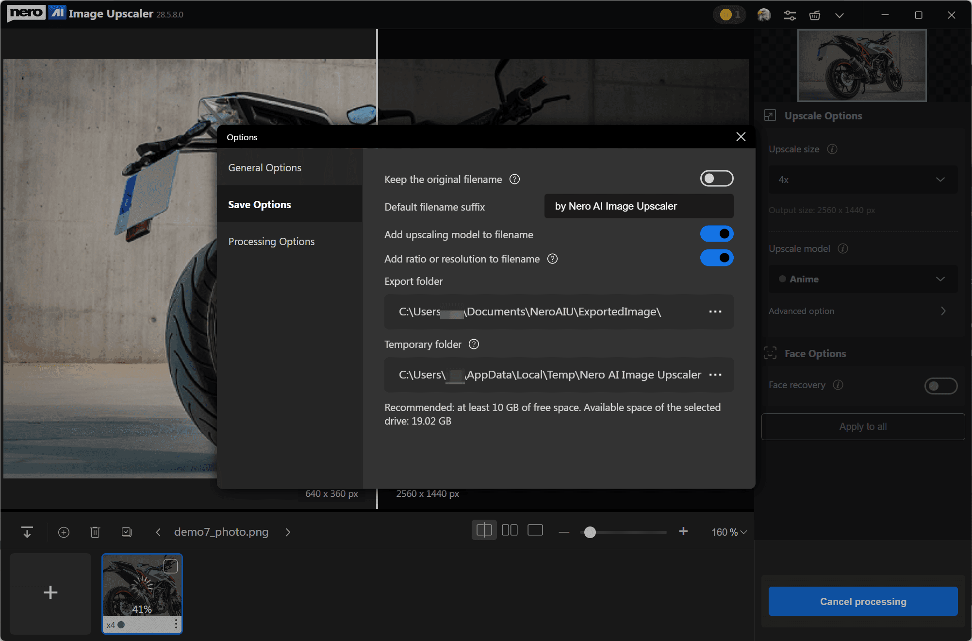 Окно Options на вкладке Save Options с правилами имени, Export folder и Temporary folder
